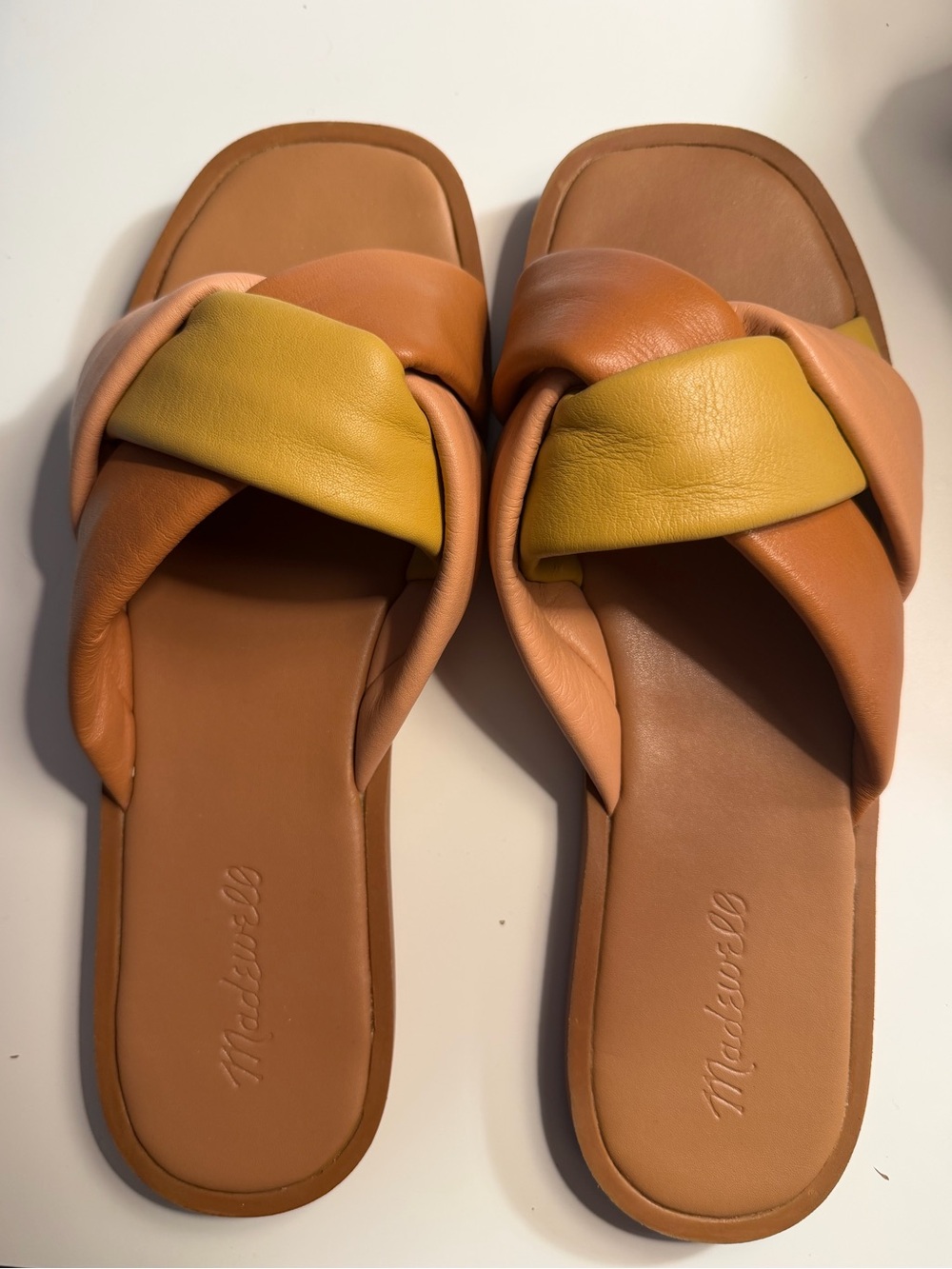 Madewell Two-Tone Tan & Mustard Knotted Slide Sandals